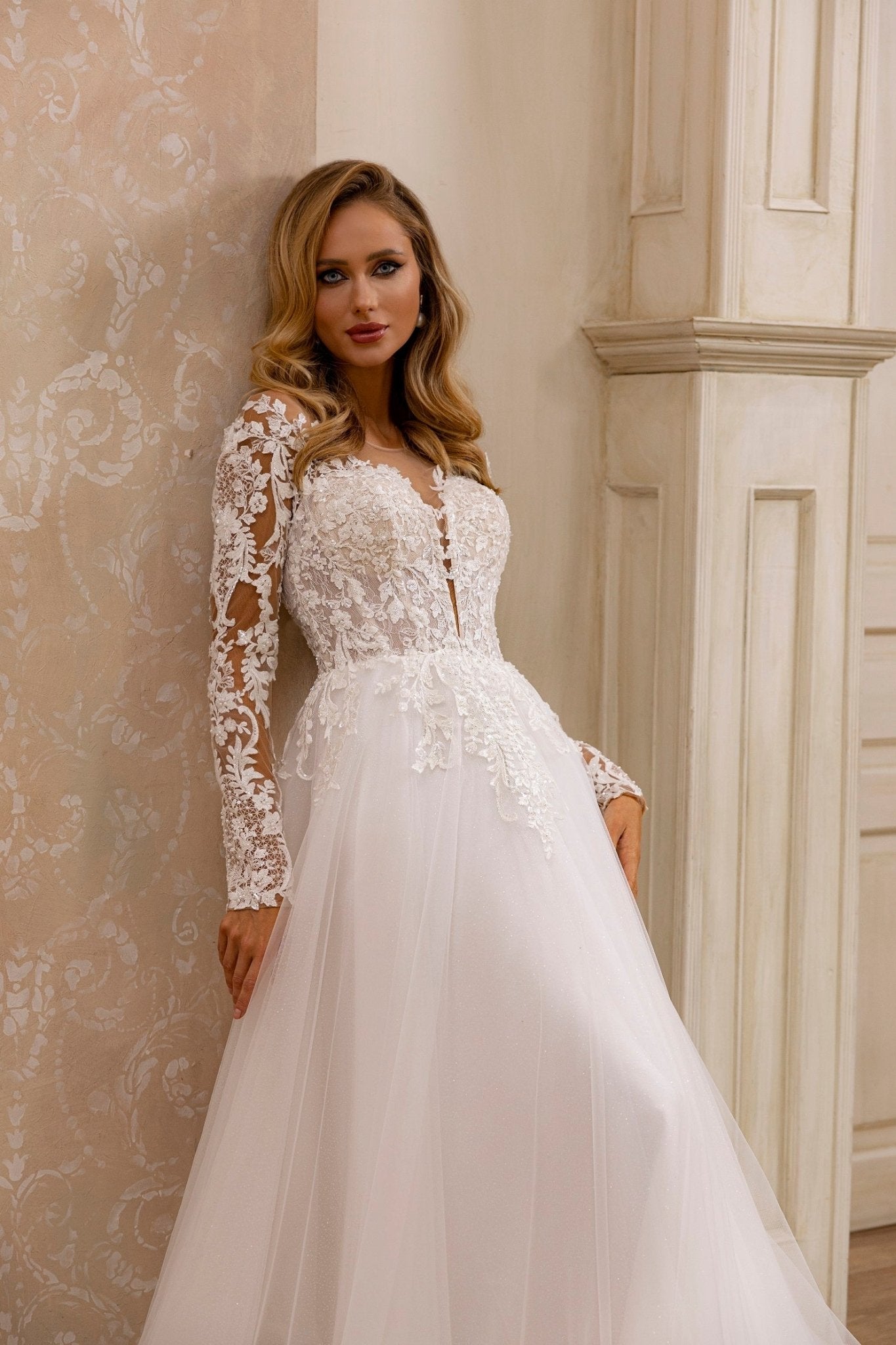 Elegant A-Line Bridal Gown with Lace Detail and Plunging Neckline - WonderlandByLilian