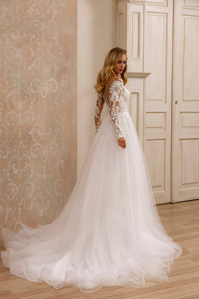 Elegant A-Line Bridal Gown with Lace Detail and Plunging Neckline - WonderlandByLilian