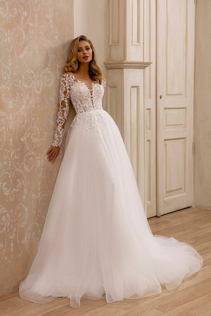 Elegant A-Line Bridal Gown with Lace Detail and Plunging Neckline - WonderlandByLilian