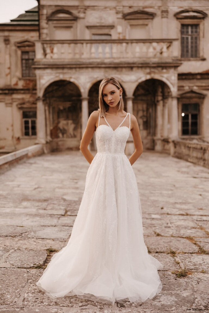 Elegant A-Line Wedding Dress with Heart-Shaped Corset and Sequin Details Plus Size - BRIDGET - WonderlandByLilian