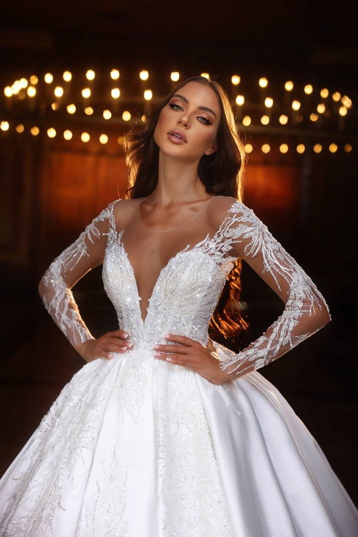 Elegant A-Line Wedding Dress with Sheer Lace Sleeves - Plus Size - WonderlandByLilian