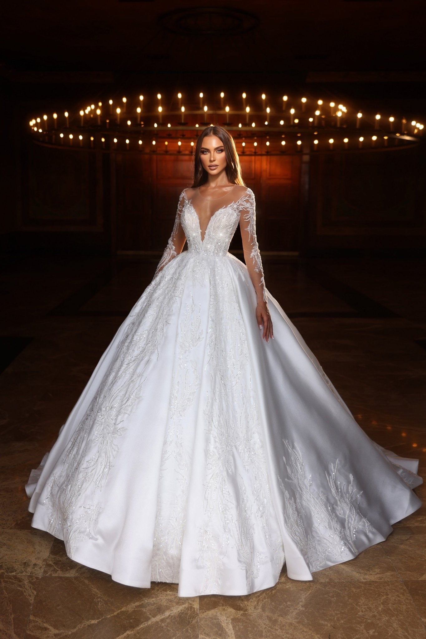 Elegant A-Line Wedding Dress with Sheer Lace Sleeves - Plus Size - WonderlandByLilian