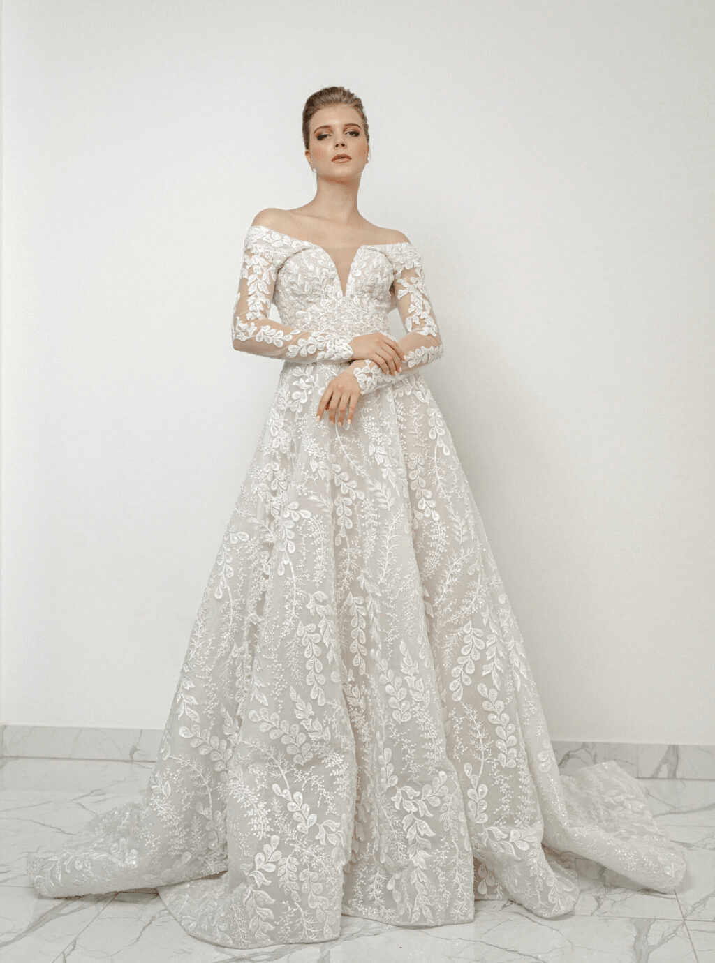 Elegant Aline Ball Gown Wedding Dress and Lace Wedding Gown Long Sleeve - Off Shoulder Wedding Dress Plus Size - FREYA - WonderlandByLilian