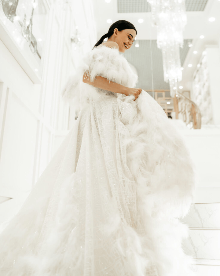 Elegant Aline Ball Gown Wedding Dress - Sequin and Feather Dress - Off Shoulder Wedding Gown Plus Size - KENDALL - WonderlandByLilian