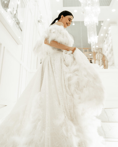 Elegant Aline Ball Gown Wedding Dress - Sequin and Feather Dress - Off Shoulder Wedding Gown Plus Size - KENDALL - WonderlandByLilian