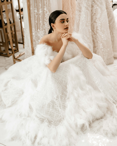 Elegant Aline Ball Gown Wedding Dress - Sequin and Feather Dress - Off Shoulder Wedding Gown Plus Size - KENDALL - WonderlandByLilian