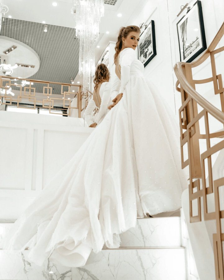 Elegant Aline Ball Gown Wedding Dress with Long Train - Long Sleeve Wedding Dress Plus Size - ANTOINETTE - WonderlandByLilian