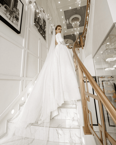 Elegant Aline Ball Gown Wedding Dress with Long Train - Long Sleeve Wedding Dress Plus Size - ANTOINETTE - WonderlandByLilian