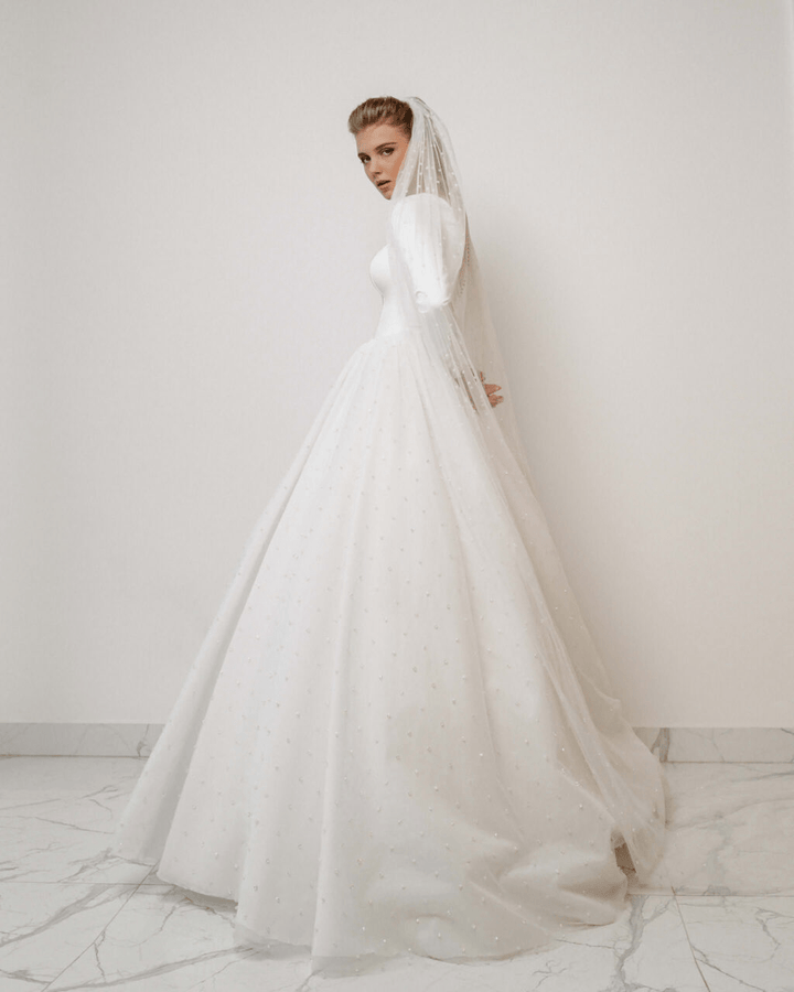 Elegant Aline Ball Gown Wedding Dress with Long Train - Long Sleeve Wedding Dress Plus Size - ANTOINETTE - WonderlandByLilian