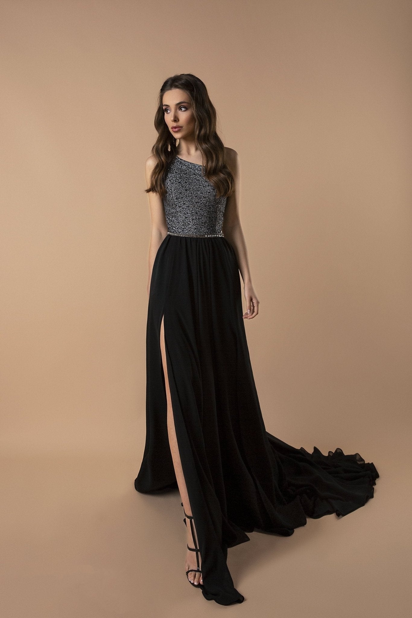 Elegant Asymmetrical Black Evening Gown with Sequin Embellishment and Leg Slit - Black Gothic Formal Dresses Plus Size - WonderlandByLilian