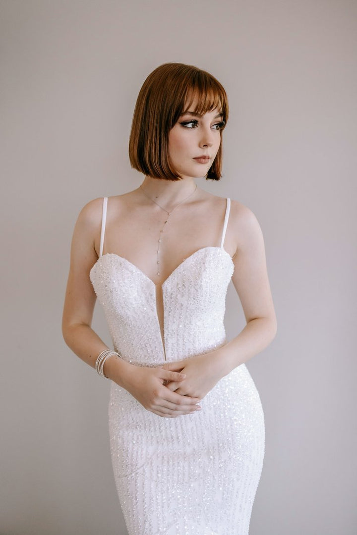 Elegant Beaded and Sequined Wedding Gown with Signature Neckline Plus Size - IRIS - WonderlandByLilian