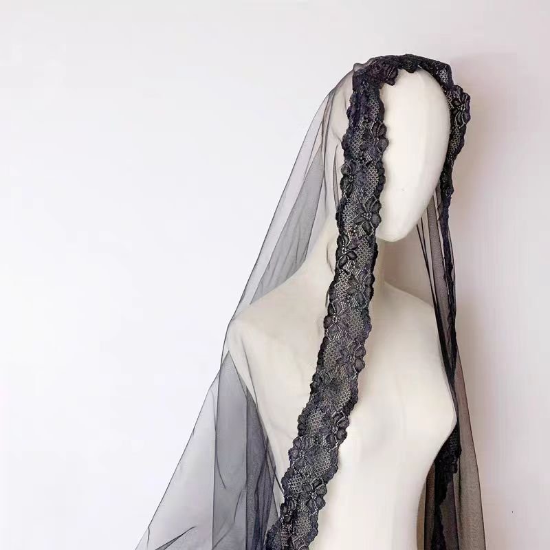 Elegant Black Lace Cathedral Veil with Detailed Embroidery - WonderlandByLilian