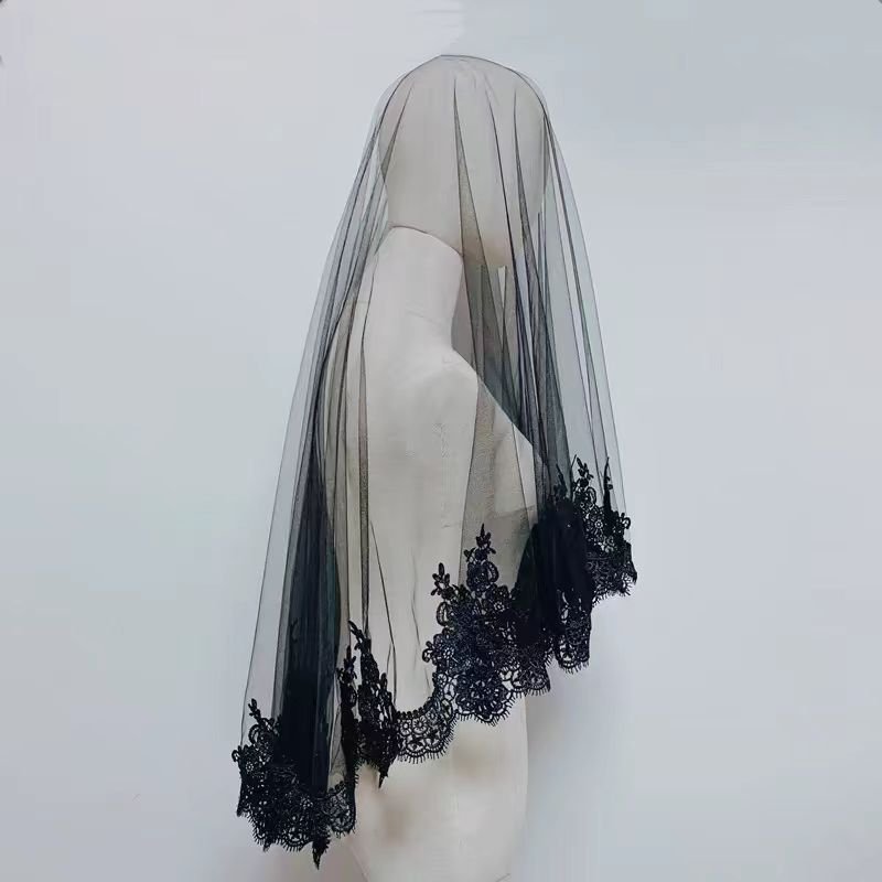 Elegant Black Lace Cathedral Veil with Exquisite Embroidery - Timeless Bridal Veil - WonderlandByLilian