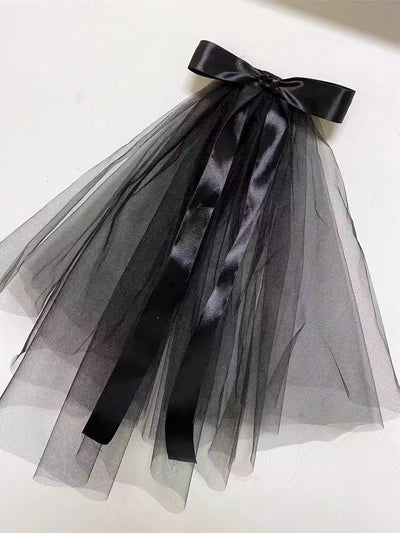 Elegant Black Wedding Veil with Satin Bow and Layered Tulle - WonderlandByLilian