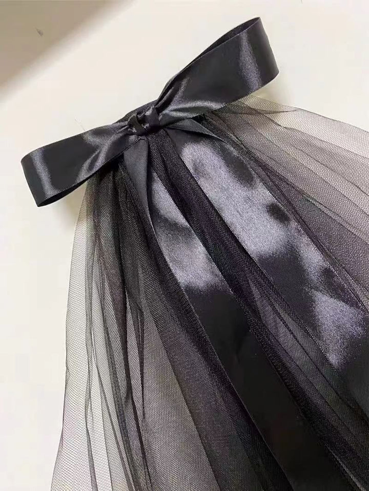 Elegant Black Wedding Veil with Satin Bow and Layered Tulle - WonderlandByLilian