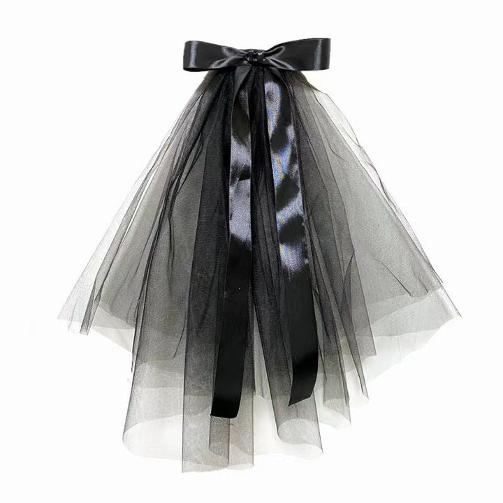 Elegant Black Wedding Veil with Satin Bow and Layered Tulle - WonderlandByLilian