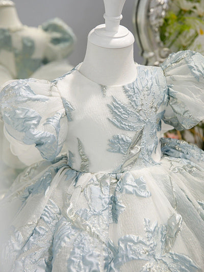 Elegant Blue and White Floral Embossed Flower Girl Dress - Plus Size - WonderlandByLilian