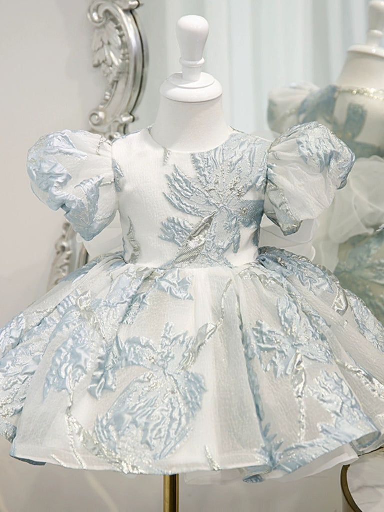 Elegant Blue and White Floral Embossed Flower Girl Dress