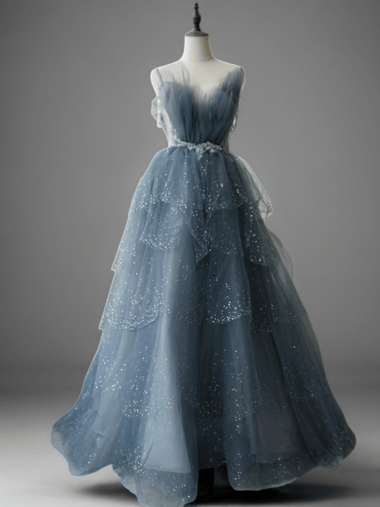 パーティードレス Solie Tulle Insert Cut Out Blue Dress A-Line Strapless Blue Mirror-Cuts Glitter Tulle Short