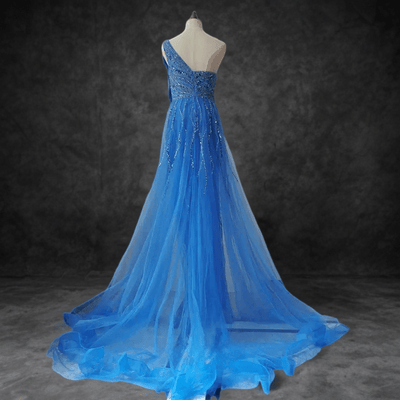 Elegant Blue One-Shoulder Sequin Evening Gown - Pretty Sequin Dress with Flowing Train Plus Size - WonderlandByLilian