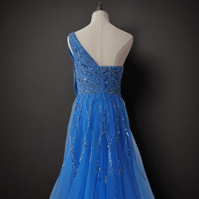 Elegant Blue One-Shoulder Sequin Evening Gown - Pretty Sequin Dress with Flowing Train Plus Size - WonderlandByLilian