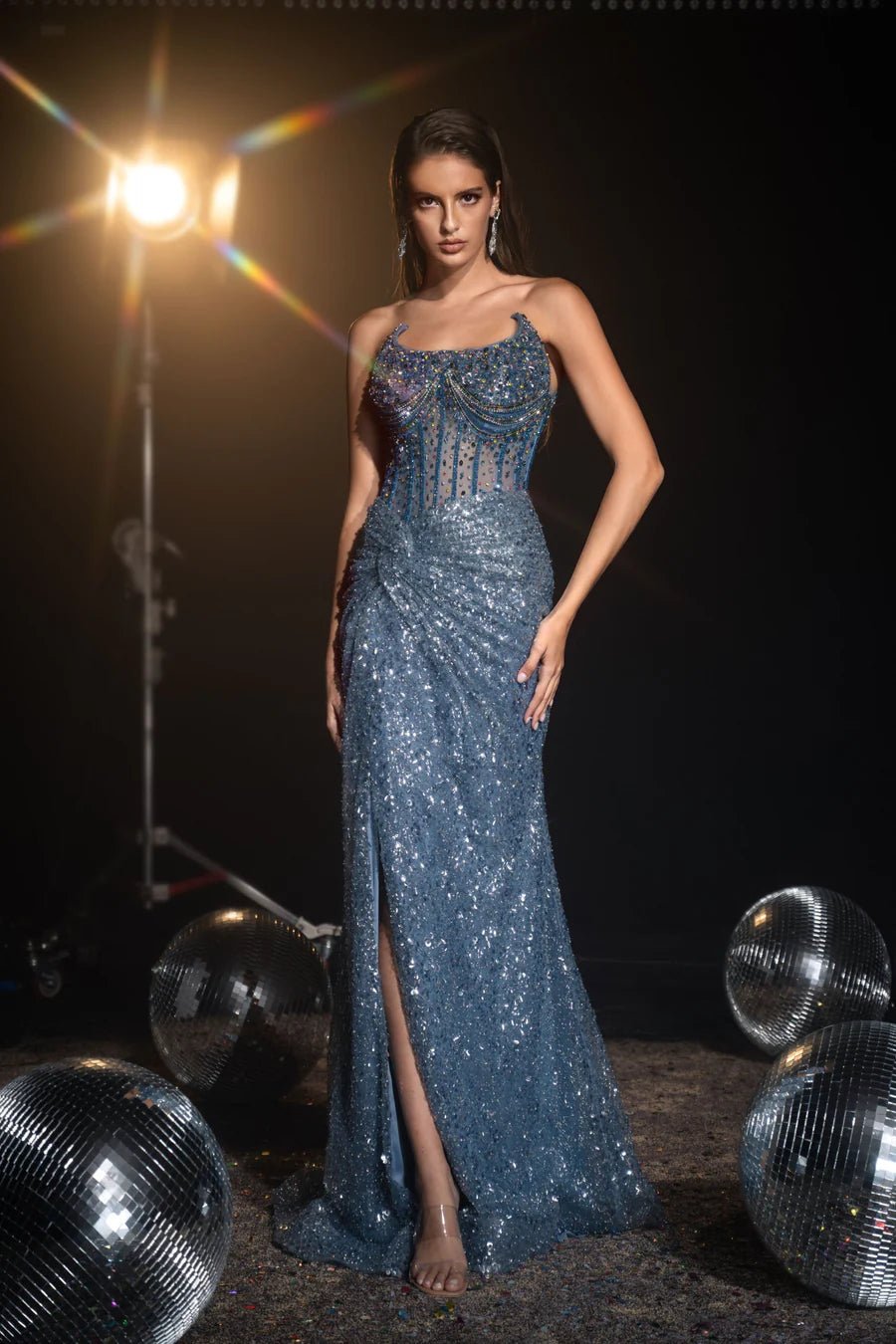 Elegant Blue Sequin Gown with Slit - Strapless Glitter Dress and Designer Sequin Gown Plus Size - WonderlandByLilian