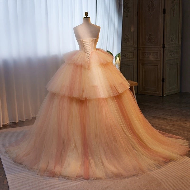 Elegant Champagne and Pink Layered Tulle Ruffle Dress - Strapless Corset Back Evening Dress Plus Size - WonderlandByLilian