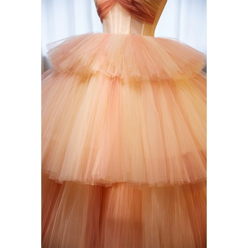 Elegant Champagne and Pink Layered Tulle Ruffle Dress - Strapless Corset Back Evening Dress Plus Size - WonderlandByLilian