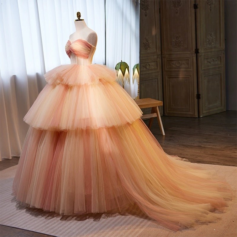 Elegant Champagne and Pink Layered Tulle Ruffle Dress - Strapless Corset Back Evening Dress Plus Size - WonderlandByLilian