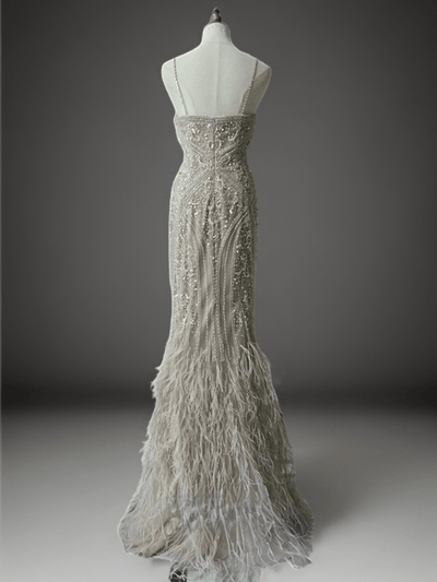 Elegant Champagne Beaded Sequin and Feather Dress - Pretty Sequin Dress - Spaghetti Strap Dress Plus Size - WonderlandByLilian