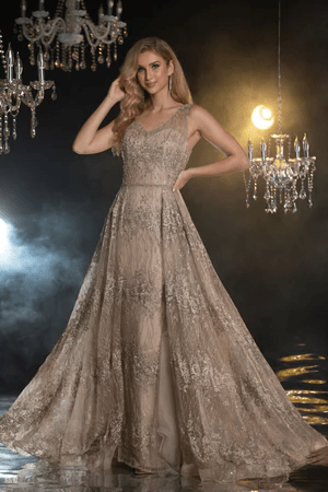 Elegant Champagne Evening Gown with Lace Embellishments - Designer Sequin Gown and Pretty Sequin Dress Plus Size - WonderlandByLilian