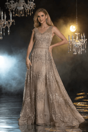 Elegant Champagne Evening Gown with Lace Embellishments - Designer Sequin Gown and Pretty Sequin Dress Plus Size - WonderlandByLilian