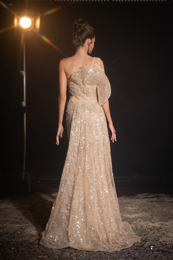 Elegant Champagne Gold Sequin Evening Gown - Glitter One-Shoulder Dress - Pretty Sequin Dress for Special Occasions Plus Size - WonderlandByLilian