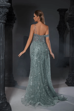 Elegant Champagne Sequin Evening Gown with Asymmetric Off-Shoulder and Draped Detail - Designer Sequin Gown and Glitter Dress Plus Size - WonderlandByLilian