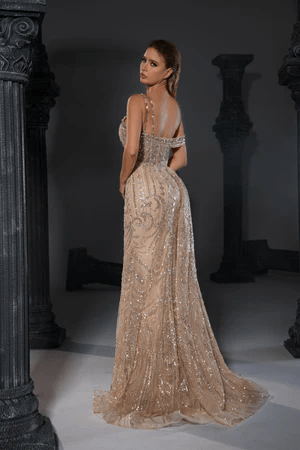 Elegant Champagne Sequin Evening Gown with Asymmetric Off-Shoulder and Draped Detail - Designer Sequin Gown and Glitter Dress Plus Size - WonderlandByLilian