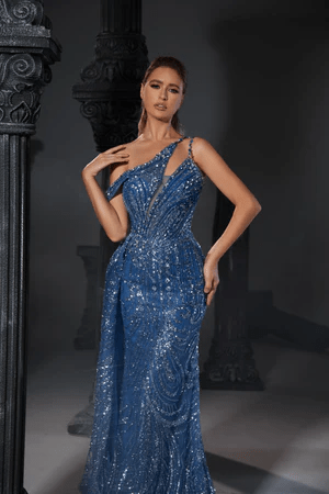 Elegant Champagne Sequin Evening Gown with Asymmetric Off-Shoulder and Draped Detail - Designer Sequin Gown and Glitter Dress Plus Size - WonderlandByLilian