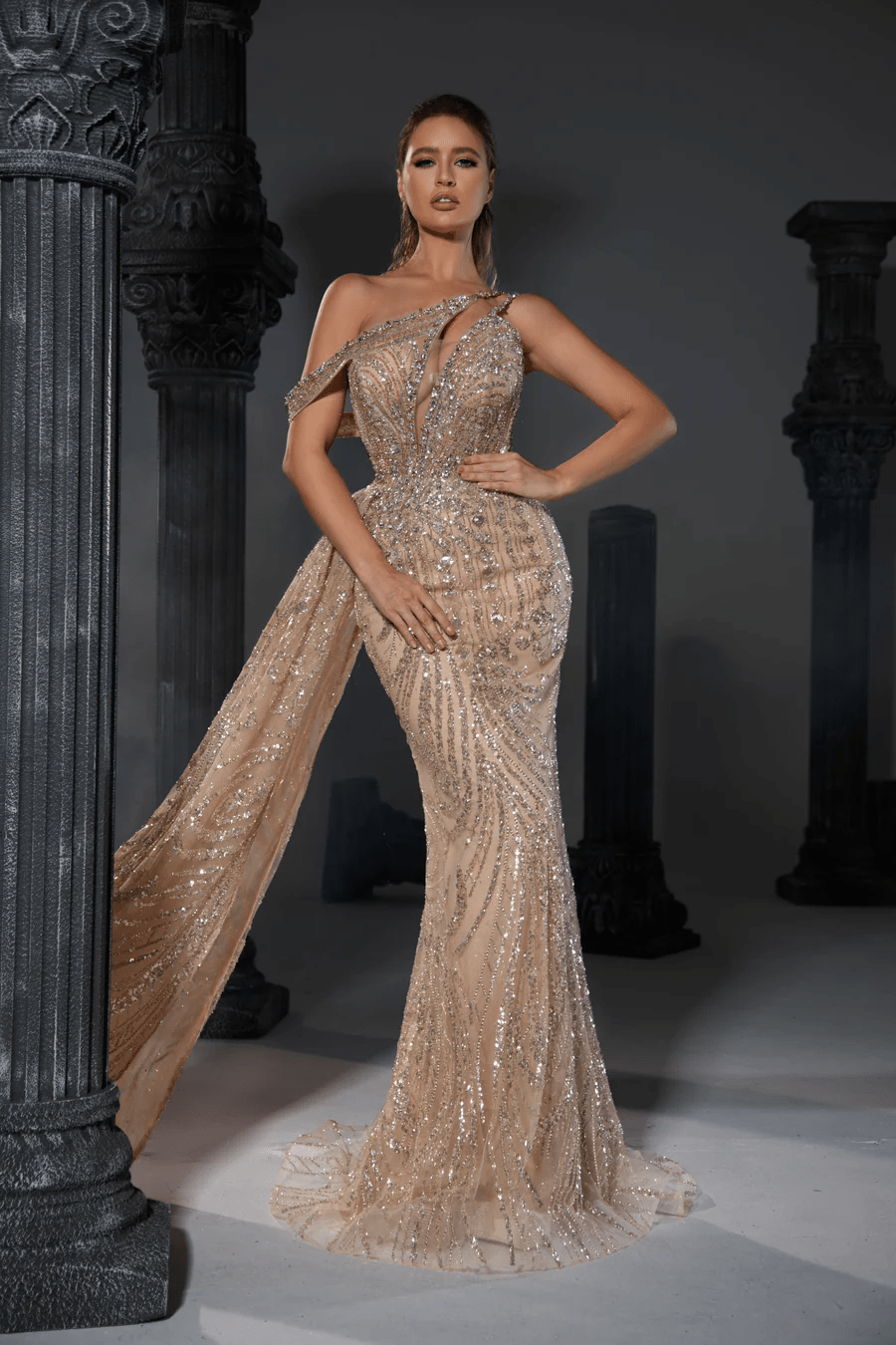 Elegant Champagne Sequin Evening Gown with Asymmetric Off-Shoulder and Draped Detail - Designer Sequin Gown and Glitter Dress Plus Size - WonderlandByLilian