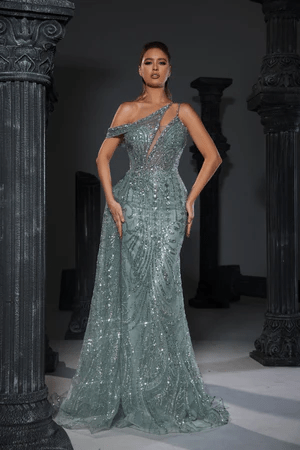 Elegant Champagne Sequin Evening Gown with Asymmetric Off-Shoulder and Draped Detail - Designer Sequin Gown and Glitter Dress Plus Size - WonderlandByLilian