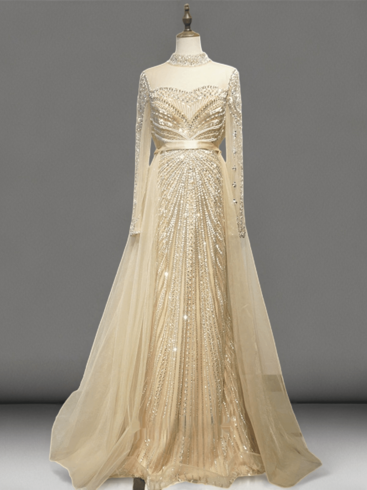 Elegant Champagne Sequin Evening Gown with Tulle