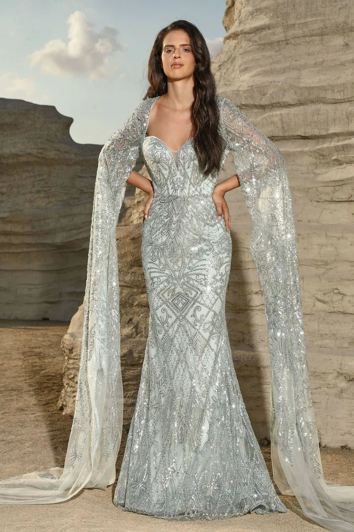 Elegant Champagne Sequin Gown with Cape Sleeves - Designer Sequin Dress and Pretty Sequin Dress Plus Size - WonderlandByLilian