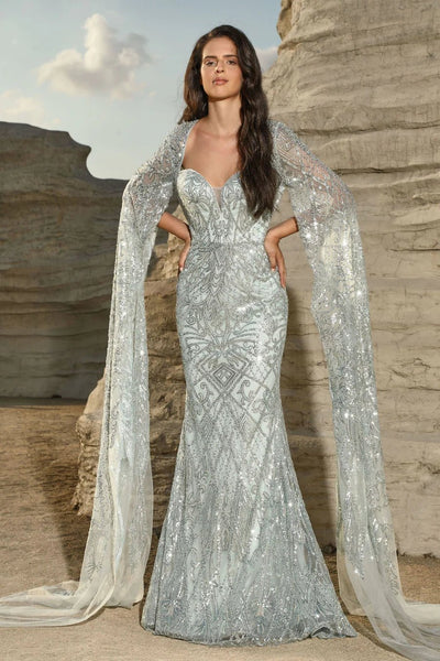 Elegant Champagne Sequin Gown with Cape Sleeves - Designer Sequin Dress and Pretty Sequin Dress Plus Size - WonderlandByLilian