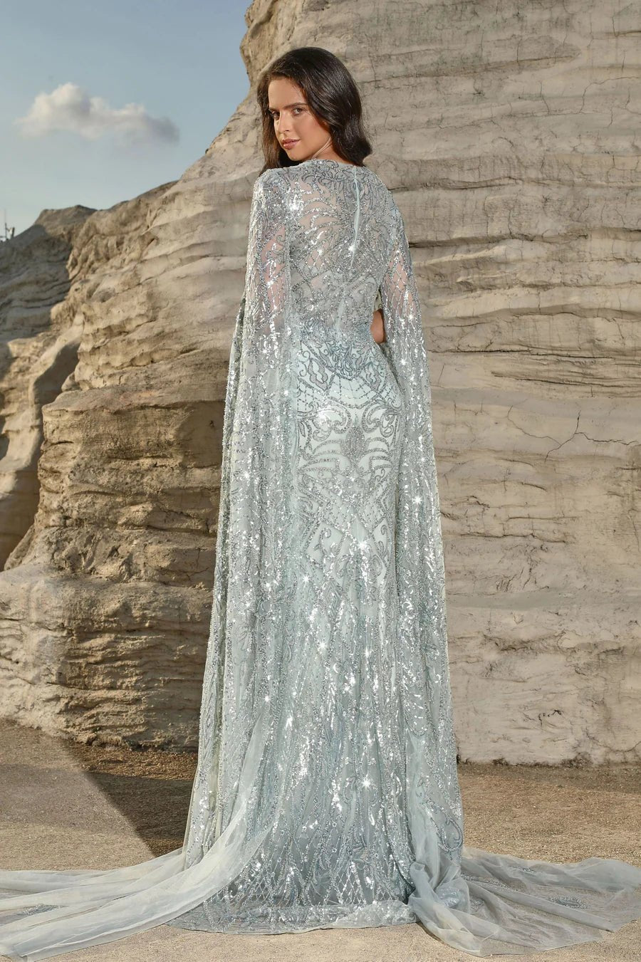 Elegant Champagne Sequin Gown with Cape Sleeves - Designer Sequin Dress and Pretty Sequin Dress Plus Size - WonderlandByLilian