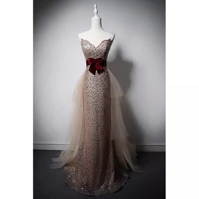 Elegant Champagne Sequined Sheath Gown with Velvet Red Waistband and Tulle Overlay - WonderlandByLilian