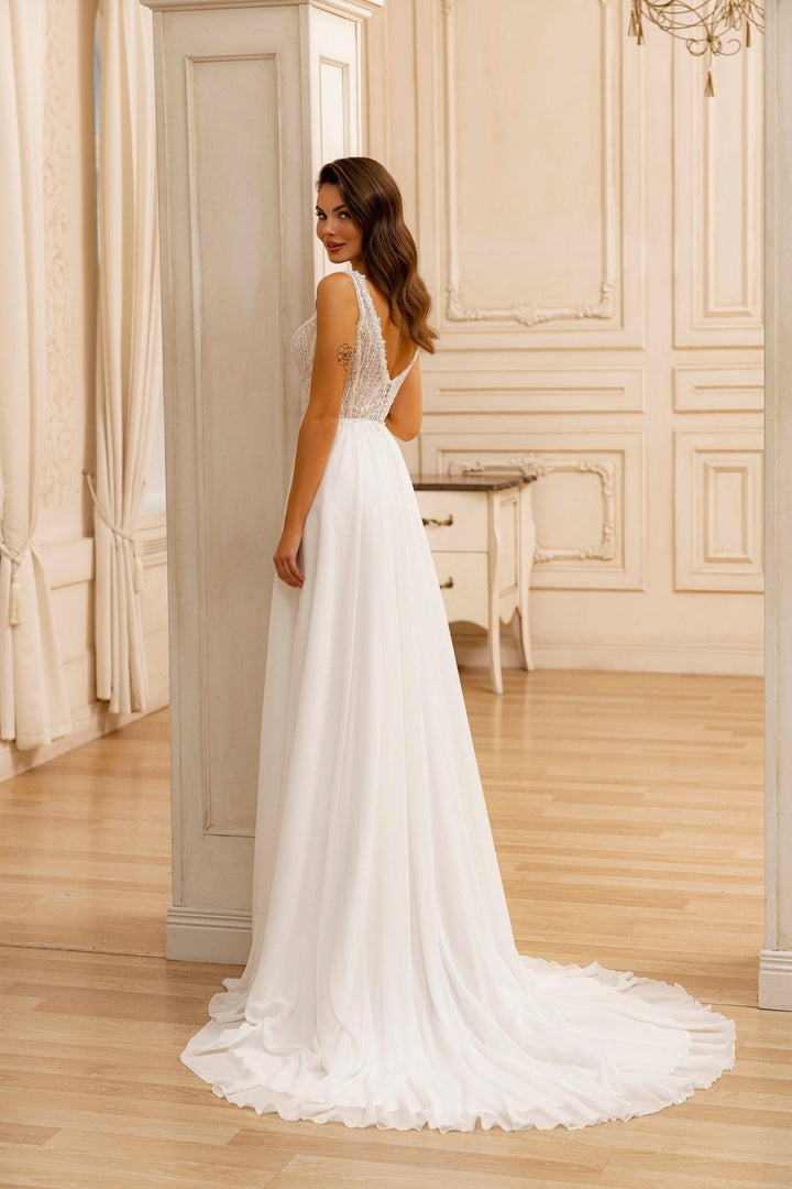 Elegant Chiffon A-Line Bridal Gown with Beaded Lace Bodice and Deep V-Neckline - WonderlandByLilian