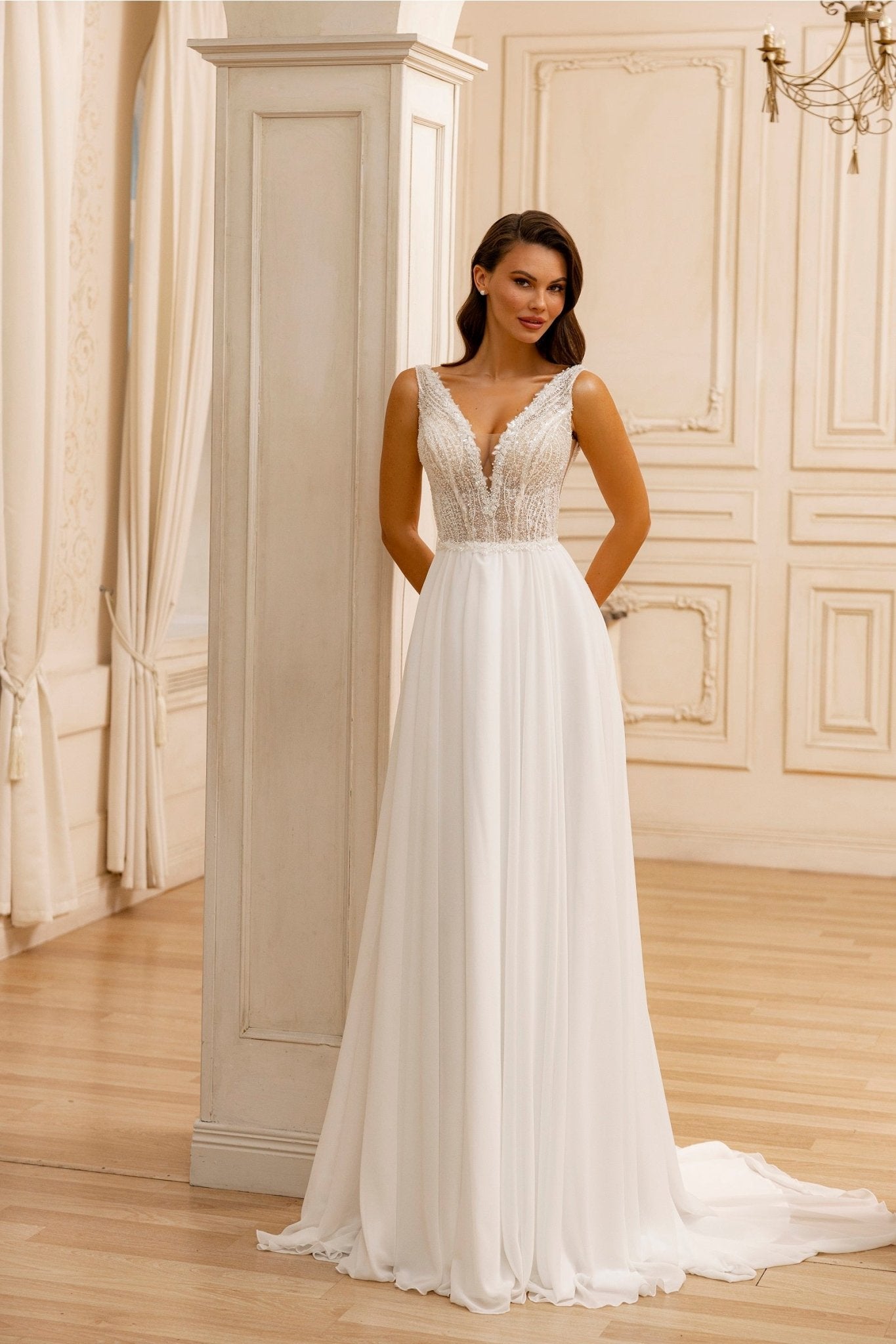 Elegant Chiffon A-Line Bridal Gown with Beaded Lace Bodice and Deep V-Neckline - WonderlandByLilian