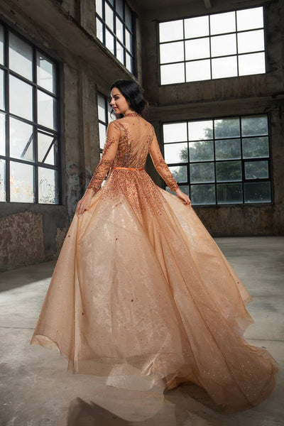 Elegant Cooper Sequin Evening Gown with Sheer Long Sleeves - Designer Sequin Dress and Pretty Sequin Dress Plus Size - WonderlandByLilian