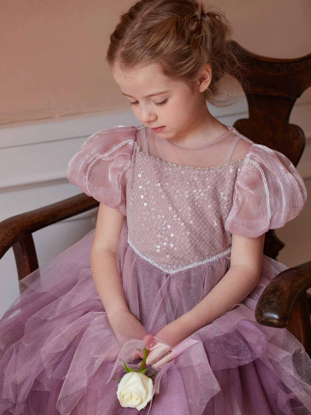 Elegant Dusty Rose Tulle Flower Girl Dress with Delicate Sequin Bodice and Puff Sleeves – Plus Size - WonderlandByLilian