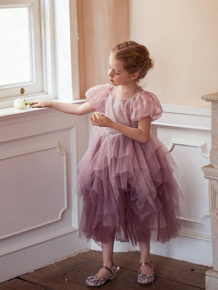 Elegant Dusty Rose Tulle Flower Girl Dress with Delicate Sequin Bodice and Puff Sleeves – Plus Size - WonderlandByLilian