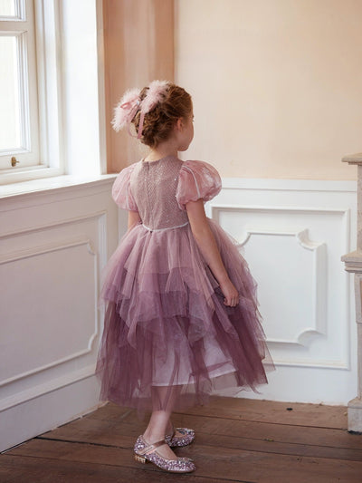 Elegant Dusty Rose Tulle Flower Girl Dress with Delicate Sequin Bodice and Puff Sleeves – Plus Size - WonderlandByLilian