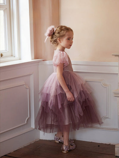 Elegant Dusty Rose Tulle Flower Girl Dress with Delicate Sequin Bodice and Puff Sleeves – Plus Size - WonderlandByLilian